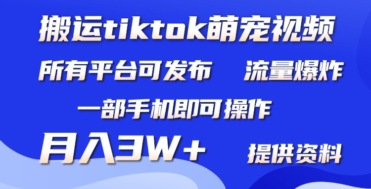 只搬运Tiktok萌宠类视频，1部手机即可。适合所有短视频平台均，月入3W+